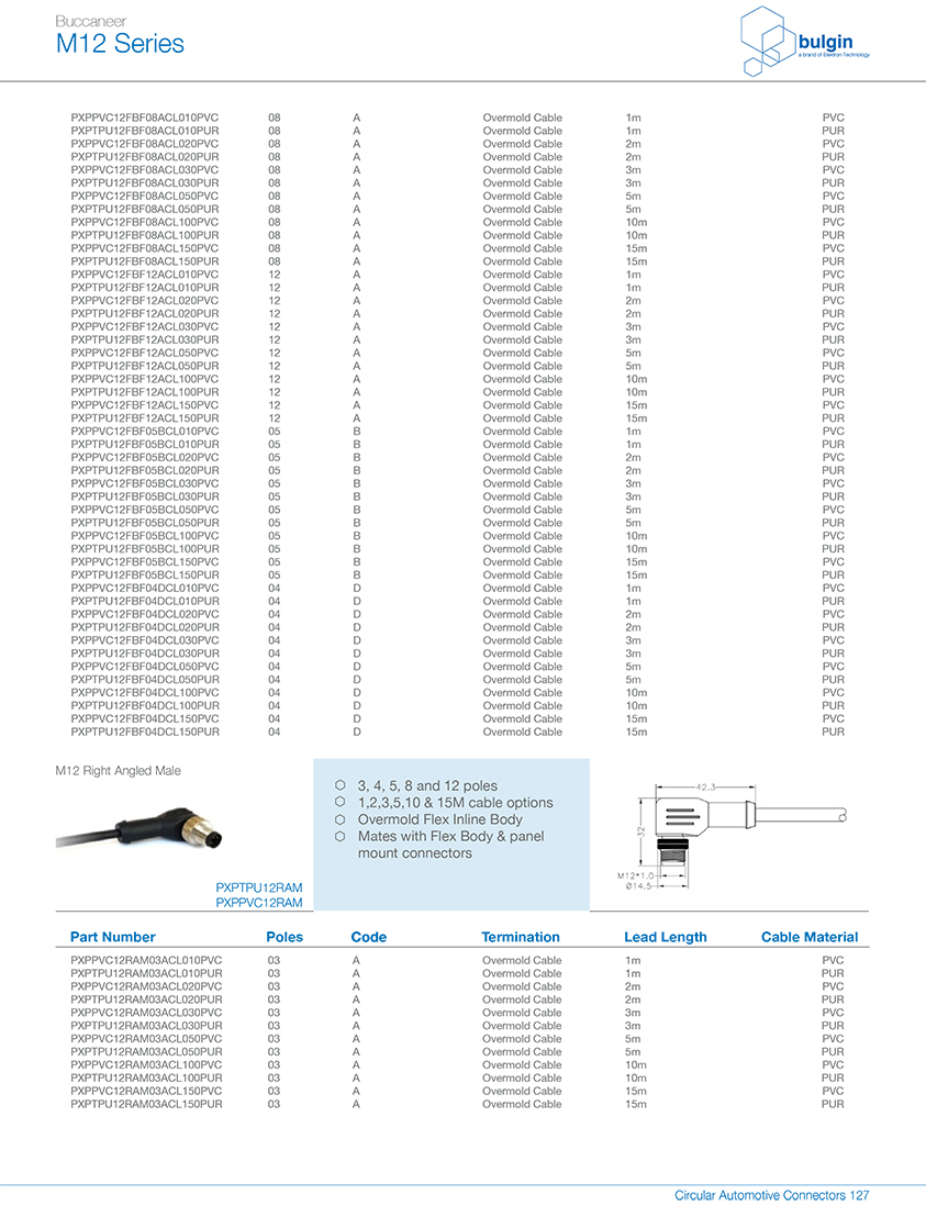 M12 彎頭裝配式公頭連接器參數(shù)