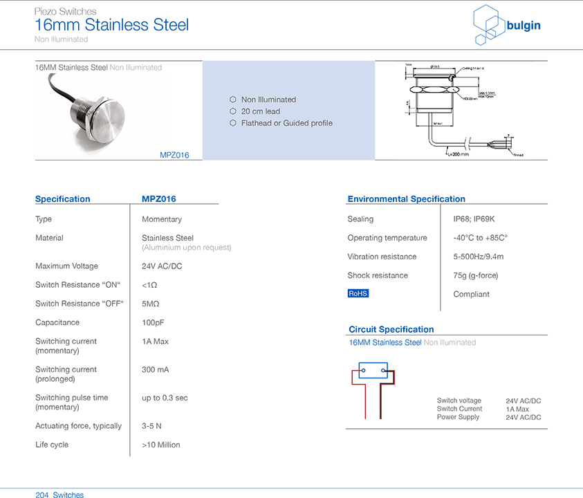 MPZ016不銹鋼Piezo開關規(guī)格尺寸