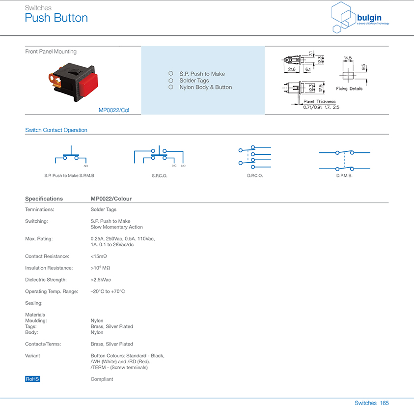 MP0012/1面板安裝按鈕開關規格尺寸