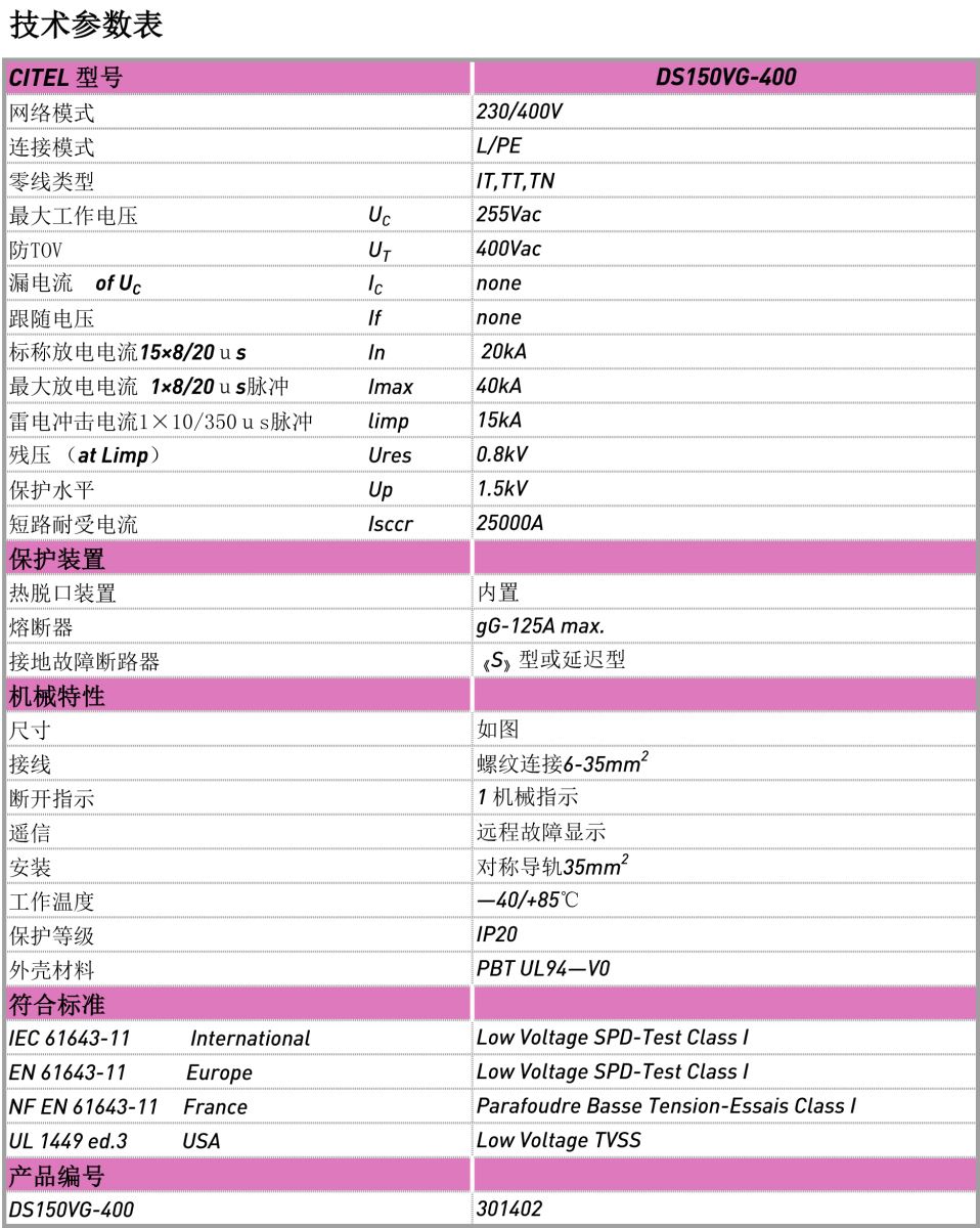 交流防雷器DS150VG-400電源電涌保護器技術(shù)參數(shù)