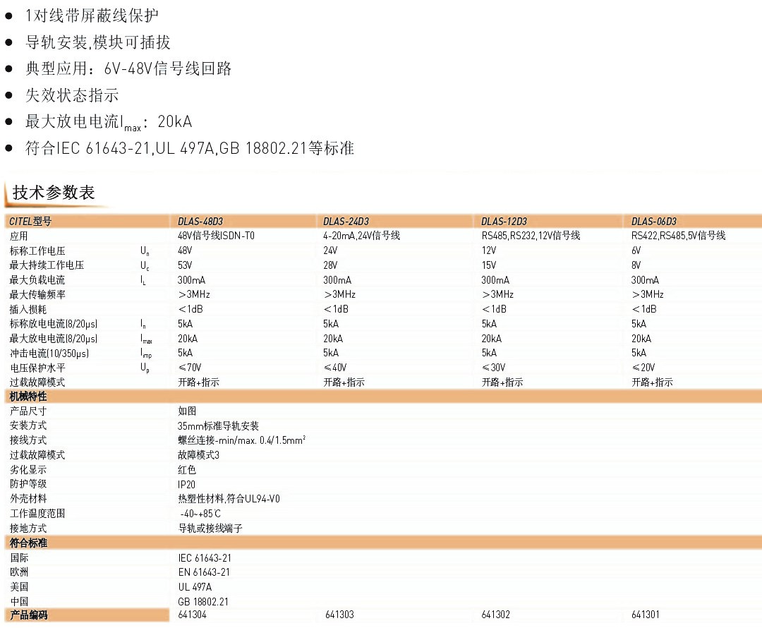 DLC超薄系列信號(hào)防雷器技術(shù)參數(shù)